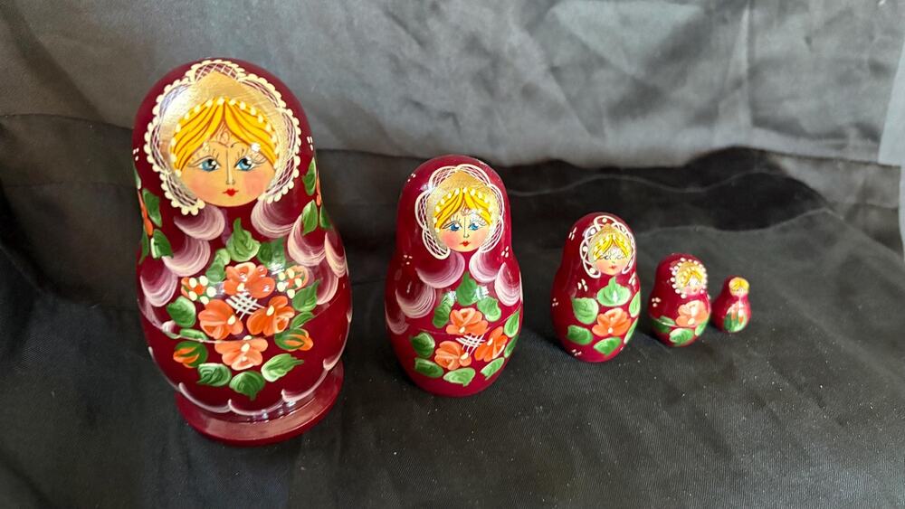 Vintage Hand-Painted Matryoshka Nesting Dolls, Burgundy Floral Babushka Set